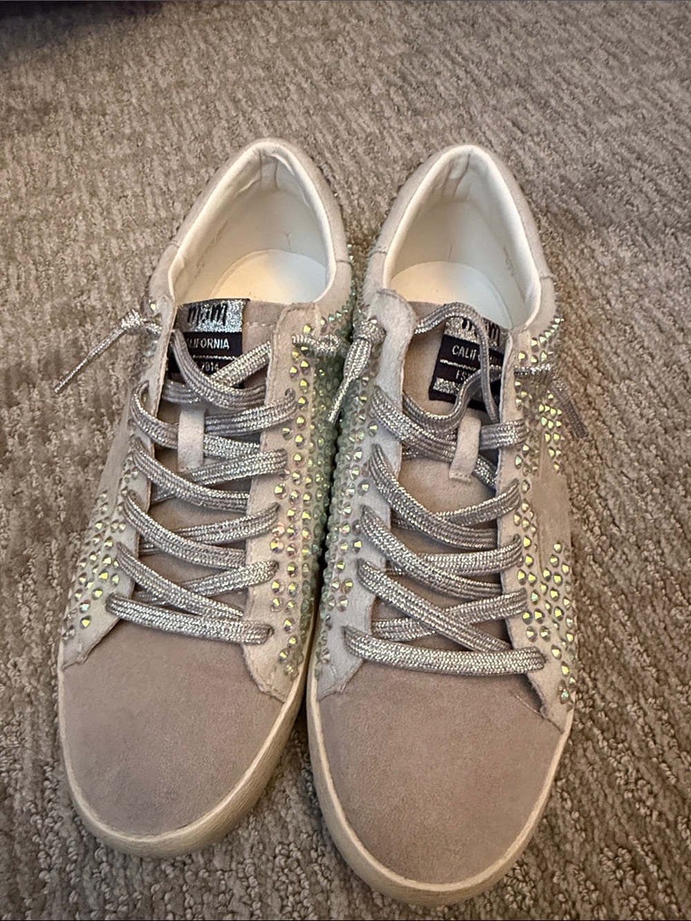 Call It Spring Taupe Suede Sneakers with Silver Laces and Lime Studs